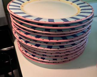 Set of 12 dinner plates with hand painted striped border