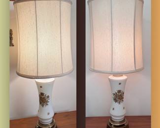 Pair of white ceramic lamps with gold floral design and brass bases 32"H x 13"W