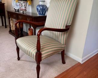 Hickory Chair Company Mahogany Sheraton Style arm chair with green stripe fabric 38"H x 24"W