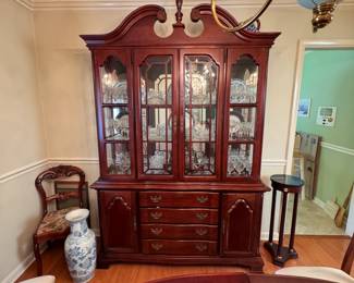 Lexington lighted china cabinet, some wear to the surface, 2 pieces, approx. 7'4"H x 60"W x 17"D