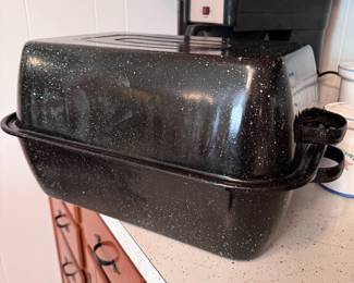 Black speckled roasting pan, some wear 16" x 9"