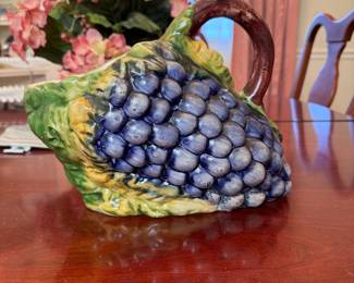 Handpainted Italian majolica grapes pitcher/vase, some discoloration inside 8"H