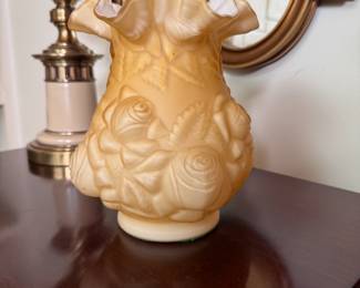 Satin amber cased roses vase by Fenton for L.G. Wright, felted base 8"H
