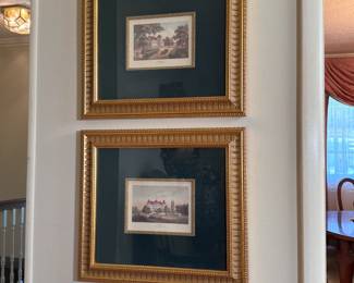 Pair of prints - Swedish village and mansion scenes, ornamental matting 18"H x 20"W