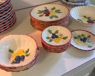 Blue Ridge fruit design bowls and dinner plates, minor chips to edges of a few