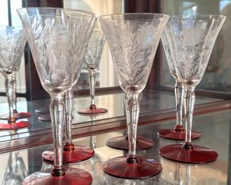 Set of 6 Etched crystal stemware with ruby foot approx. 5.5"H