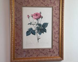 Rose print with fabric matting and gold frame 36"H x 29"W