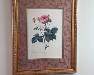 Rose print with fabric matting and gold frame 36"H x 29"W multiple available