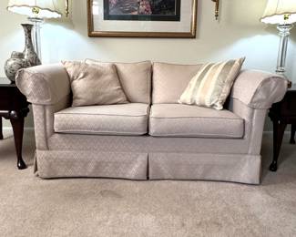 Champagne chevron upholstered loveseat, very comfortable, mild spots 5 ft. W x 34in D.