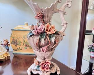 Large Capodimonte pitcher, chip to one flower 16"H