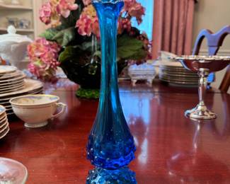 Blue Fenton glass hobnail swung bud vase 8"H
