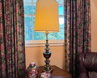 Tall Stiffel brass table lamp, shade shows some wear 3.5ft H