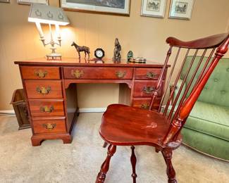 Jamestown Table Company Taylor Made Furniture desk with a Tell Furniture spindle-back chair, some spotting (likely cleanable) and some scratches, desk is 46"W x 23"D