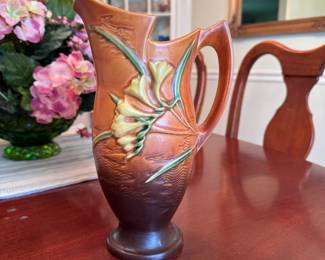Roseville 1940's Freezia pattern pitcher, minor chips to lip, glue-repaired handle AND upper back of vase 10"H