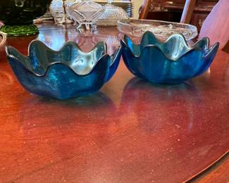 Pair of Blenko glass blue lotus petal bowls 5"W