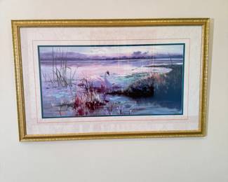 Swan print by Horning, gold frame 26"H x 3'7"W