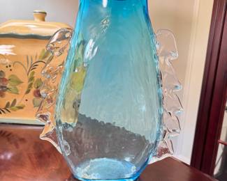 Hand-blown ovoid blue and clear glass vase 10"H x 8"W