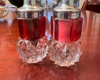Indiana Glass flash red and diamond salt & pepper shakers 3"