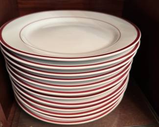 Set of 12 white dinner plates with red border by The Cellar