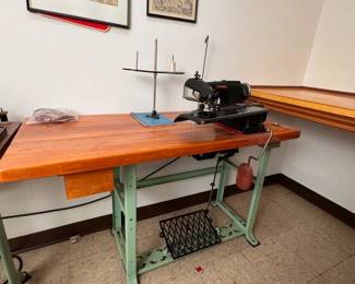 Vintage Lewis professional tailor's hemmer sewing machine with treadle speed adjustment, works well on initial test 29"H x 46"W x 19"D (This item is heavy & downstairs)