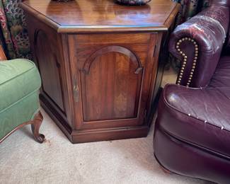 Hexagon side table with single-door lower storage, has some scratches, wear, and cup rings 22"H x 28"W