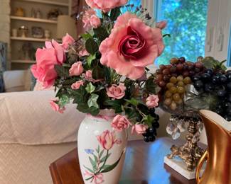 Ceramic vase with pink flower and butterfly, pink rose arrangement, vase us 8"H
