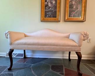 Champagne striped bench with rolled arms, minor wear 34"H x 50"W x 16"D