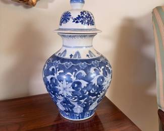 Blue and white floral covered jar 14"H x 8"W