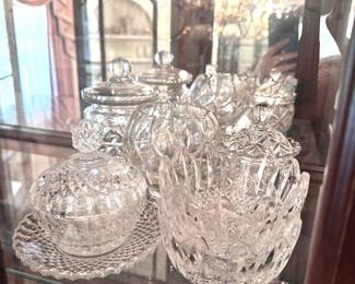Group of vintage crystal and pressed glass small bowls, biscuit jar, candy dishes 3-5"H