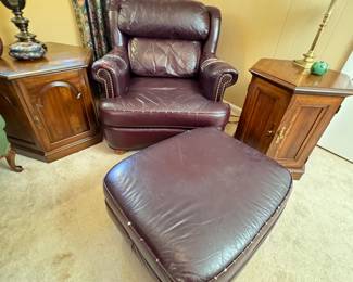 Sam Moore armchair and ottoman leather or leather-like has significant wear & tape at the arms, chair is 26"D x 33"W