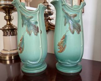 Pair of Weller art pottery oak leaf vases, very nice condition, one has a minor chip on the very bottom underneath the vase 13"H