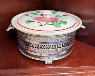 Vintage casserole with pink flower, some chips to casserole and crazing, filigree chrome carrier 8"W