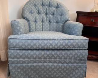 Vintage Fairfield tufted back chair with light blue upholstery, some wear, 28"H x 36"W
