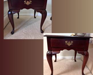 Pair of dark cherry side tables with drawer, batwing pulls, some scratches and marks to top, 22"H x 21"W x 27"L