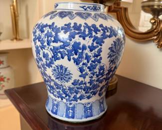 Blue and white oriental vase, some repaired hairline cracks near top, will make a nice vase 10"H