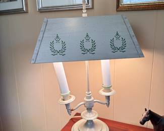 Candlestick desk lamp with rectangular metal shade, one candle arm needs repaired 20"H