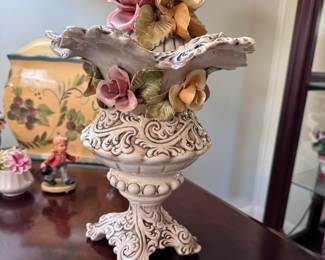 F.F. Pigato Italian lidded vase, most of vase and flowers are in nice condition, minor chip to a flower and to inside of the lid 12"H x 8"W