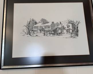 Print of horse-drawn sleigh at home by Howard Association, some foxing to print 24" x 29"