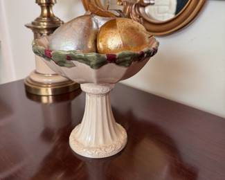 Vintage ceramic compote with holly border and fruit with metallic finish and leaves 7"H