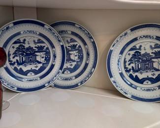 Blue and white pagoda dinner plates