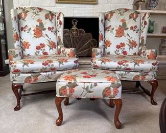 Pair of pale pistachio satin green floral wingback chairs and ottoman, minor spots, 40"H x 28"D x 28"W