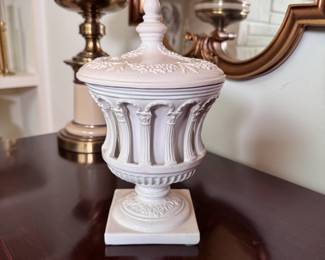 Ceramic Italian covered jar with with grapes pattern and pillars 10"H