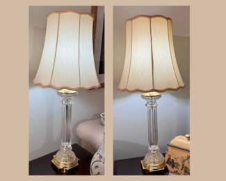Pair of columnar crystal lamps with brass, flared shade 35"H