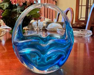 Murano-style clear and blue glass bowl 5"H