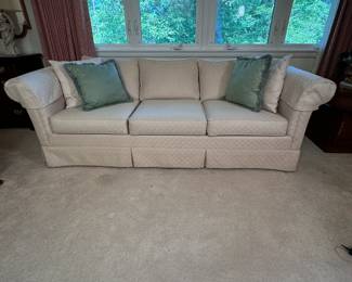 Champagne chevron upholstered sofa, very comfortable, removable back cushions, mild spots 7ft. W. x 35"D