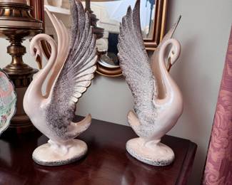 Mid-century tall ceramic swans 12"H