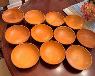Group of lightweight wooden serving bowls, some wear to finish 6"W