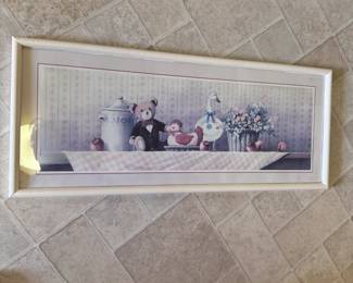 Lithograph with table setting of bear, chicken, duck, some wear overall 12" x 30"