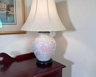 Bulbous floral ceramic lamp with pale pink, blue, and purple flowers 25"H x 16"W