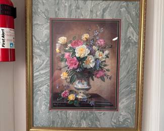 Still life Albert Williams print of floral bouquet in vase with marbled green matting and gold frame 26" x 22"